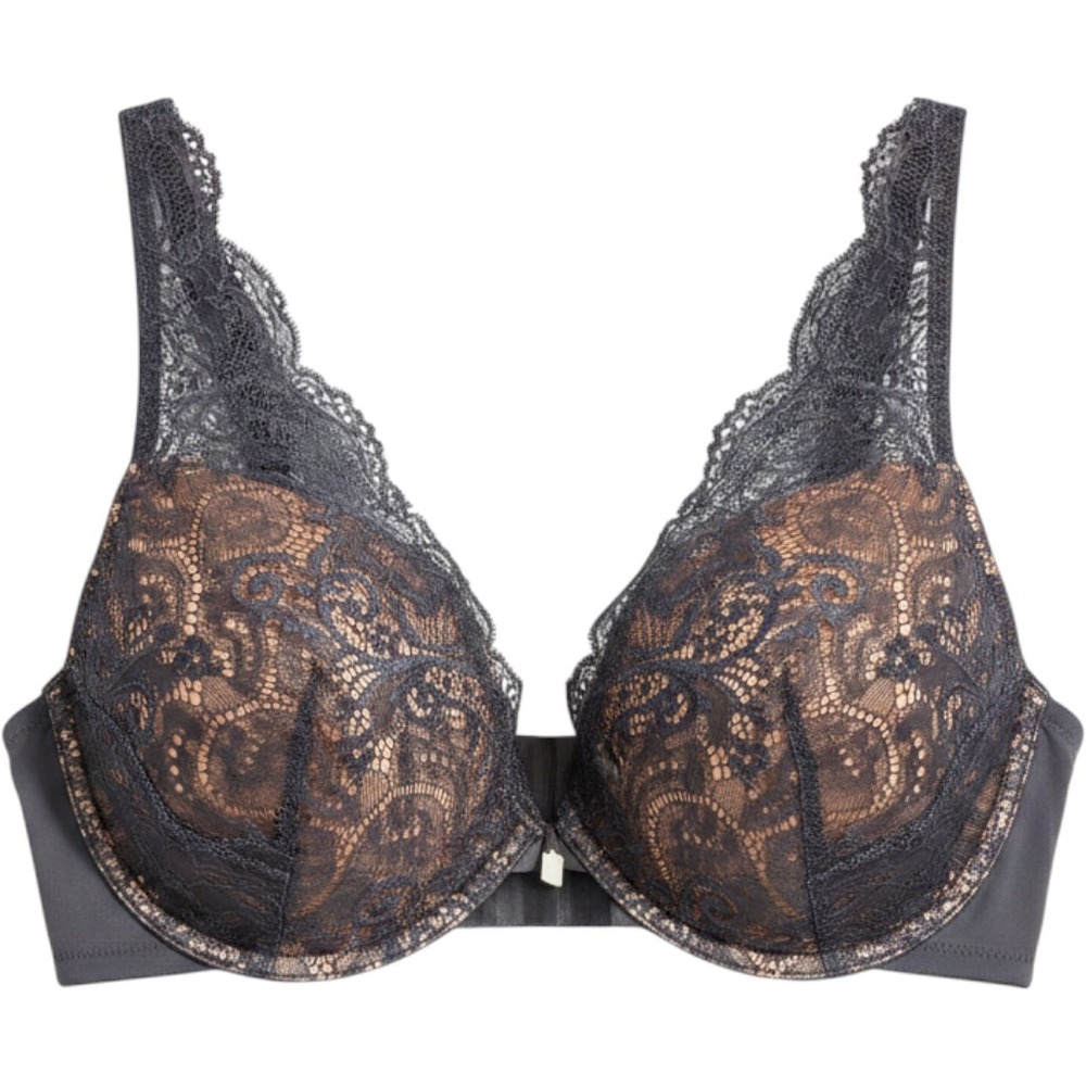 Lace Contour Plunge Bra Floral Charcoal Grey Underwire Lingerie 36D NWOT